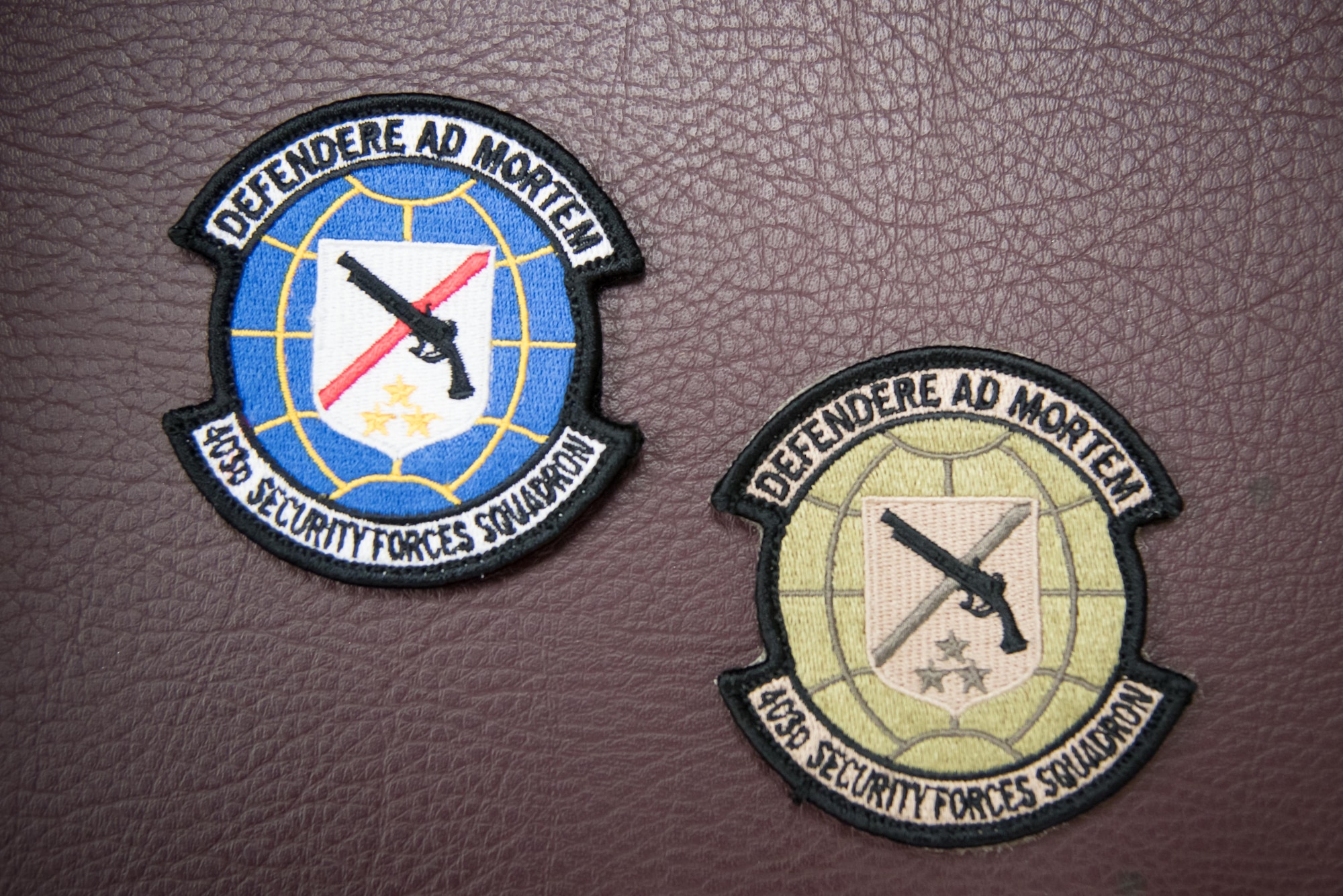 The 403rd Security Forces Squadron unit patch rests on a chair at Keesler Air Force Base, Mississippi Nov. 7, 2017. (U.S. Air Force photo by Staff Sgt. Heather Heiney)