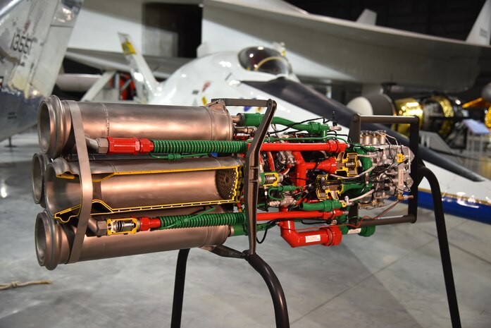 Photo of the Reaction Motors XLR11 rocket engine on display in the Space Gallery at the National Museum of the United States Air Force.
