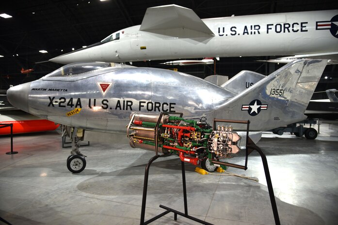 Photo of the Reaction Motors XLR11 rocket engine on display in the Space Gallery at the National Museum of the United States Air Force.