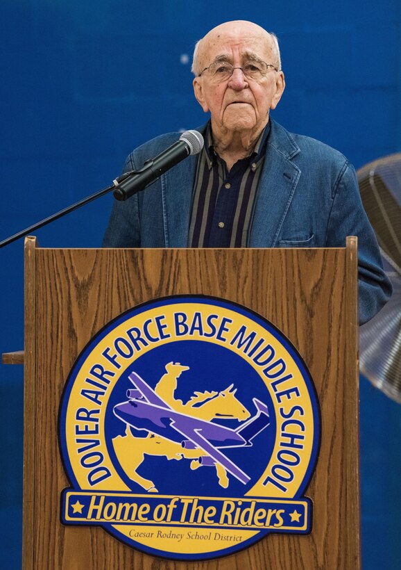 Retired Lt. Col. Clarence Wolgemuth briefly addresses attendees, students and faculty during an assembly in the gymnasium Nov. 9, 2017, at Dover Air Force Base Middle School on Dover AFB, Del. Wolgemuth was recognized as the DAFBMS Veteran of Honor for 2017. (U.S. Air Force photo by Roland Balik)