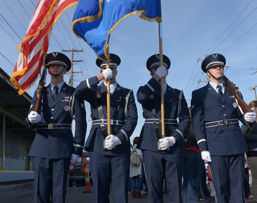 Members of JB Charleston’s honor guard prepare to march in the Veterans Day parade in downtown Charleston, S.C. on November 11, 2017. The parade was presented by the Ralph H. Johnson V.A. Medical Center.