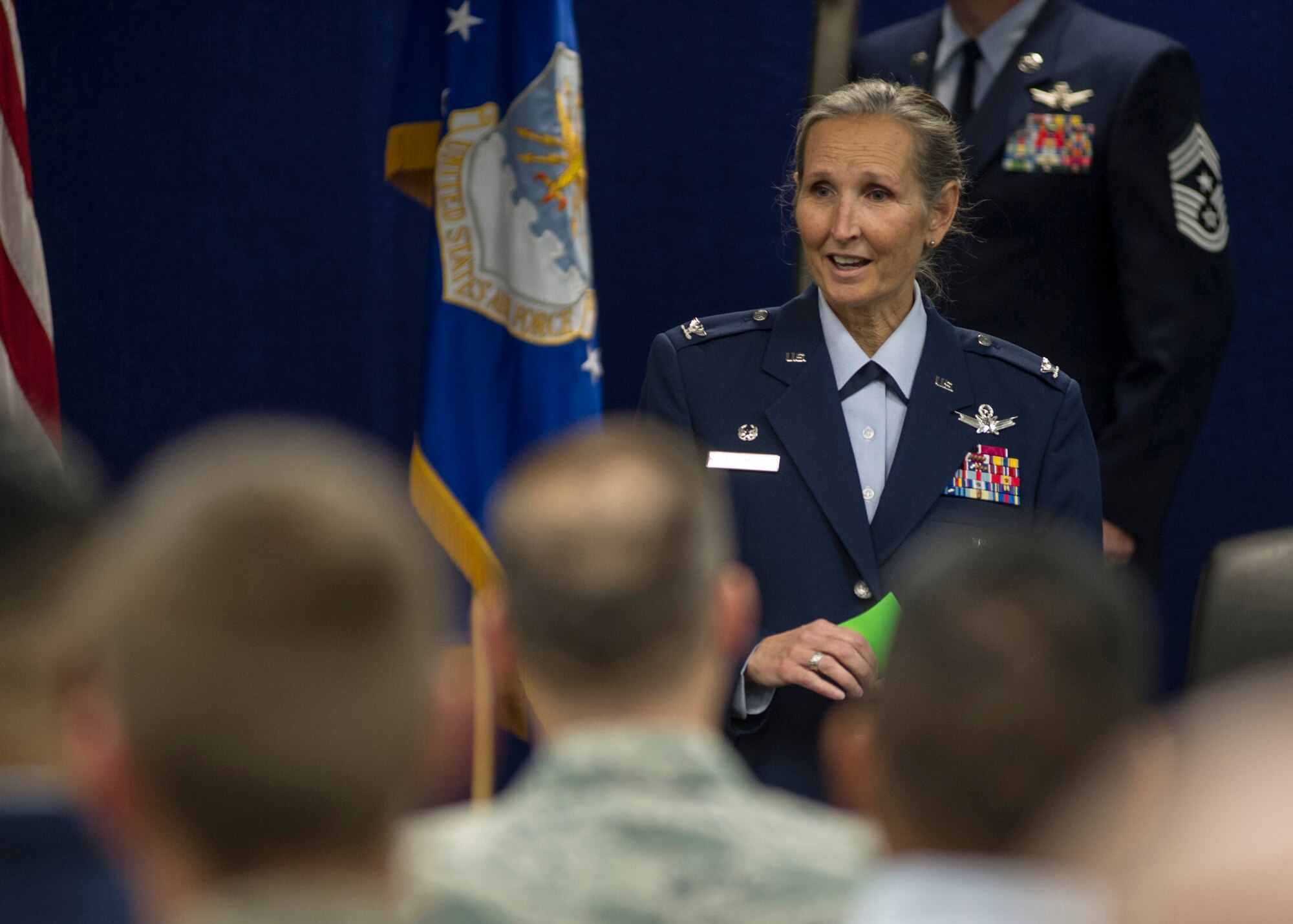 Col. Traci Kueker-Murphy, 310th Space Wing commander, speaks to members of the wing during the activation ceremony of the 710th Operations Group at Buckley AFB on Saturday, Nov. 4, 2017.