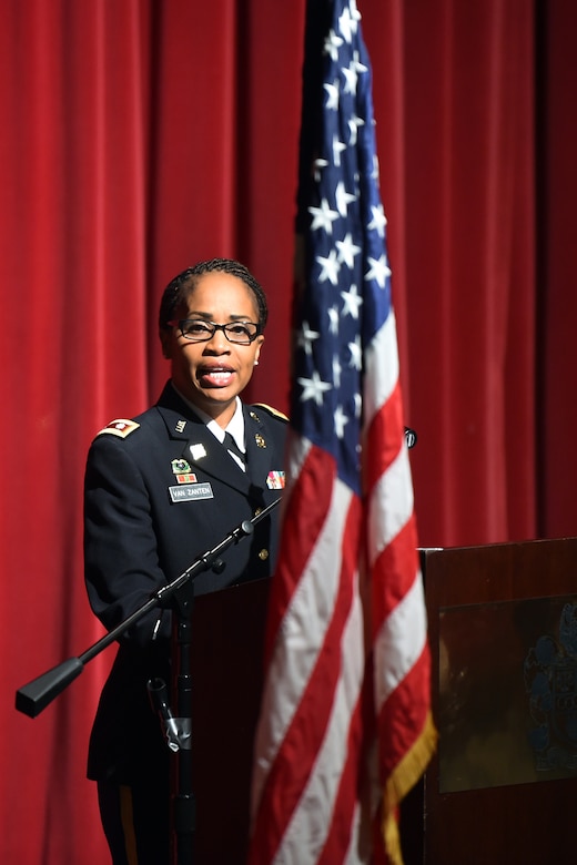 Army Reserve Lt. Col. Priscilla Van Zanten, Transportation Officer, 85th Support Command, spoke to nearly 200 members of her community during a Veteran’s Day Ceremony in Buffalo Gove, Illinois on Nov. 11, 2017.