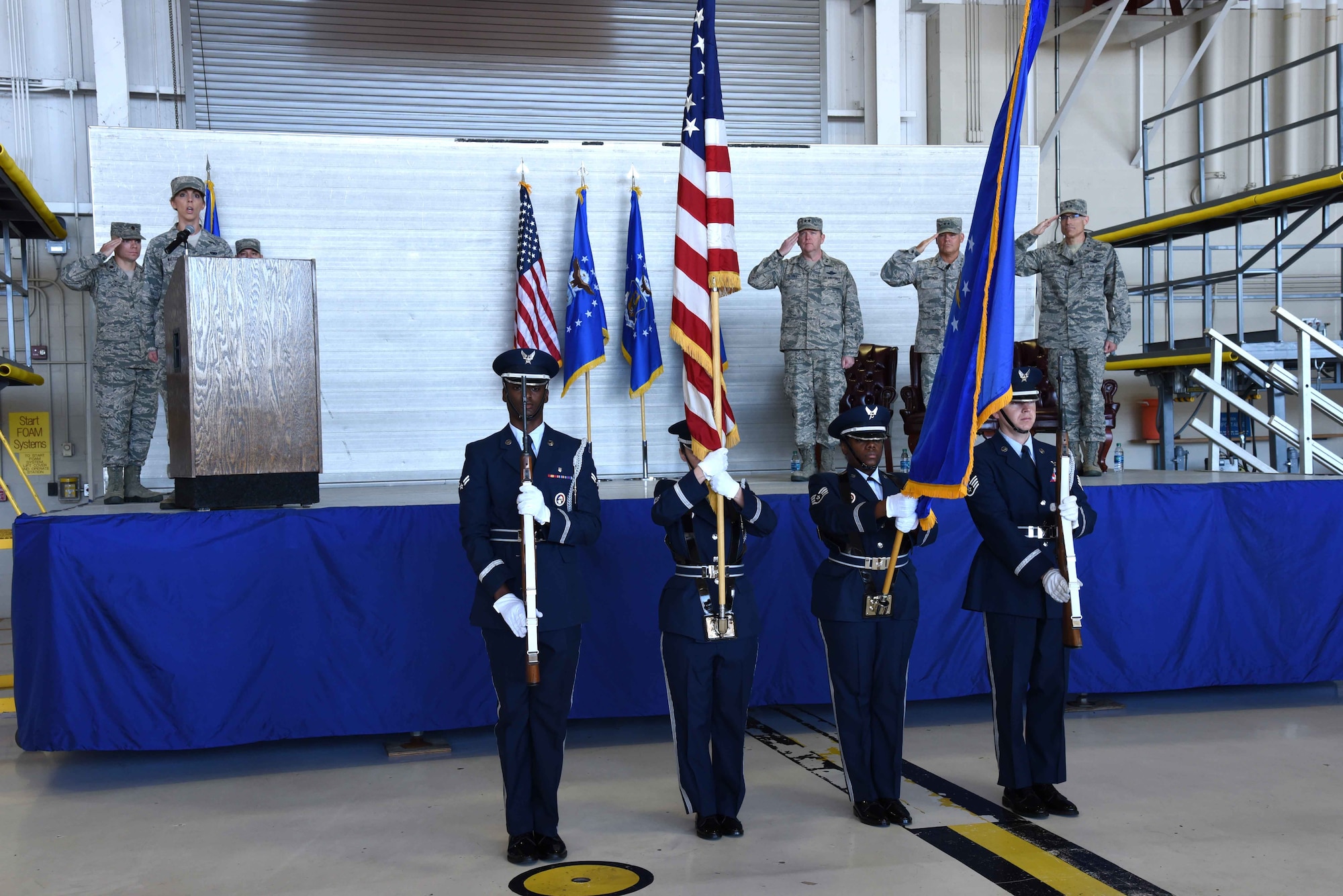 Keesler Honor Guard members present the colors during the 22nd Air Force change of command ceremony Nov. 14, 2017, at Keesler Air Force Base, Mississippi. Maj. Gen. Craig L. La Fave took command of 22nd Air Force during the ceremony. (U.S. Air Force photo by Tech. Sgt. Ryan Labadens)