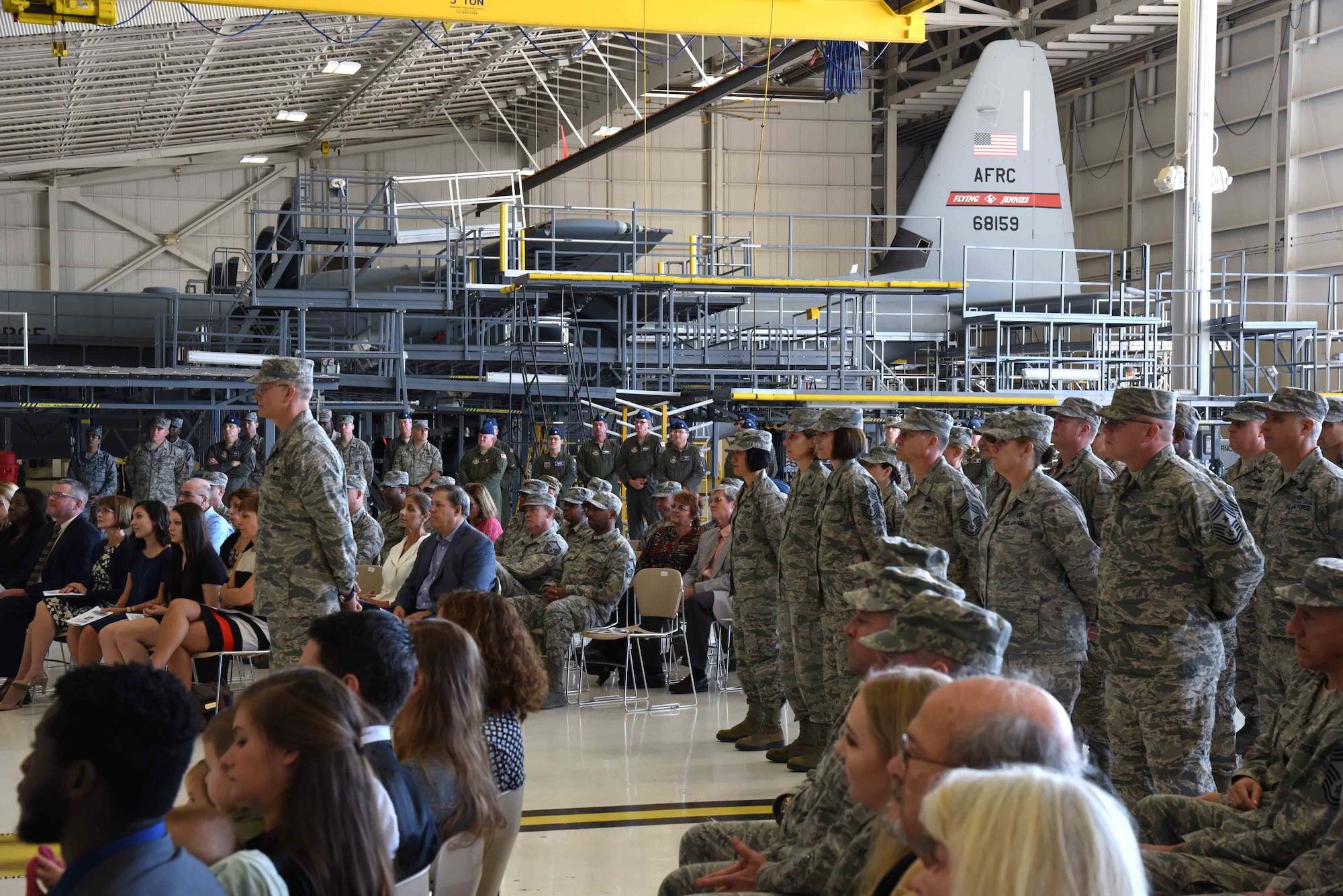 Audience members listen to a speech by Maj. Gen. Craig L. La Fave, 22nd Air Force commander, during a change of command ceremony Nov. 14, 2017, at Keesler Air Force Base, Mississippi. La Fave took command of 22nd Air Force during the ceremony, which took place during the 22nd AF Senior Leader Summit hosted by the 403rd Wing at Keesler AFB Nov. 13 through Nov. 16, 2017. (U.S. Air Force photo by Tech. Sgt. Ryan Labadens)