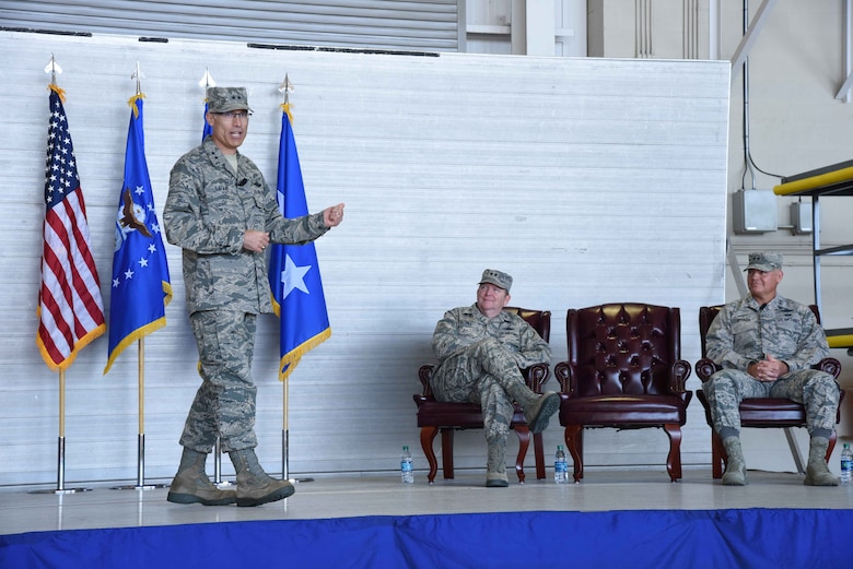 Maj. Gen. Craig L. La Fave, 22nd Air Force commander, addresses audience members during a change of command ceremony Nov. 14, 2017, at Keesler Air Force Base, Mississippi. La Fave took command of 22nd Air Force during the ceremony, which took place during the Air Force Senior Leader Summit hosted by the 403rd Wing at Keesler AFB Nov. 13 through Nov. 16, 2017. (U.S. Air Force photo by Tech. Sgt. Ryan Labadens)
