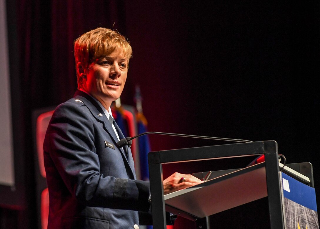 Brig. Gen. Kristin Goodwin, Commandant of Cadets at the U.S. Air Force Academy, speaks at the Air Force Global Strike Command Technology and Innovation Symposium on Tuesday, Nov. 14, at the Shreveport Convention Center in Shreveport, Louisiana. Goodwin highlighted the importance of breaking barriers. (U.S. Air Force Photo by Airman 1st Class Sydney Campbell)