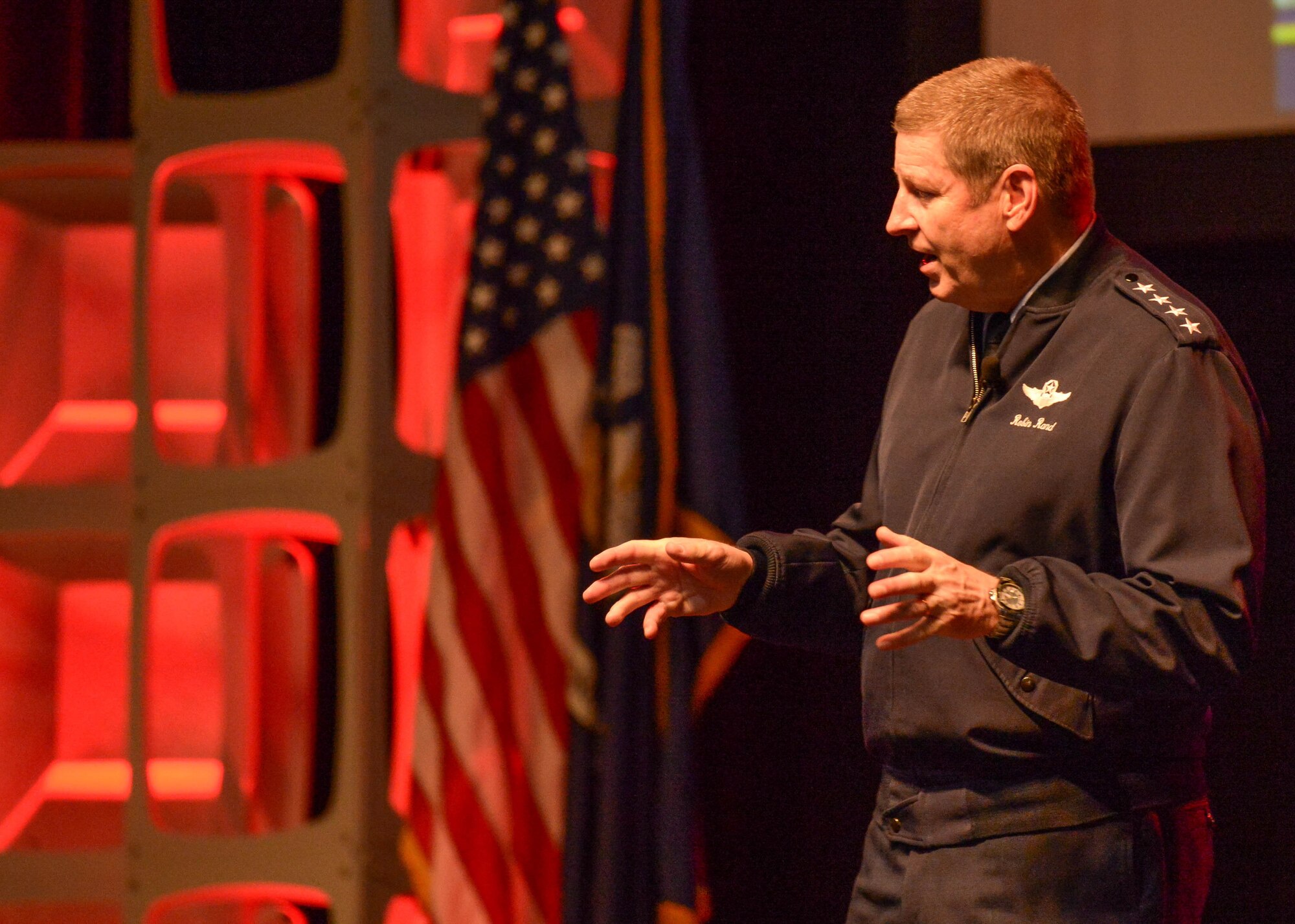 Gen. Robin Rand, Commander of Air Force Global Strike Command, welcomes participants to the 2017 Air Force Global Strike Command Technology and Innovation Symposium on Tuesday, Nov. 14, at the Shreveport Convention Center in Shreveport, Louisiana. (U.S. Air Force Photo by Airman 1st Class Luke Hill)