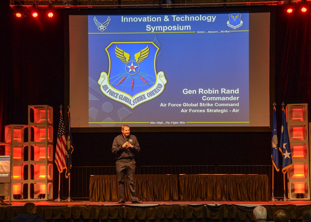 Gen. Robin Rand, Commander of Air Force Global Strike Command, welcomes participants to the 2017 Air Force Global Strike Command Technology and Innovation Symposium on Tuesday, Nov. 14, at the Shreveport Convention Center in Shreveport, Louisiana. (U.S. Air Force Photo by Senior Airman Luke Hill)