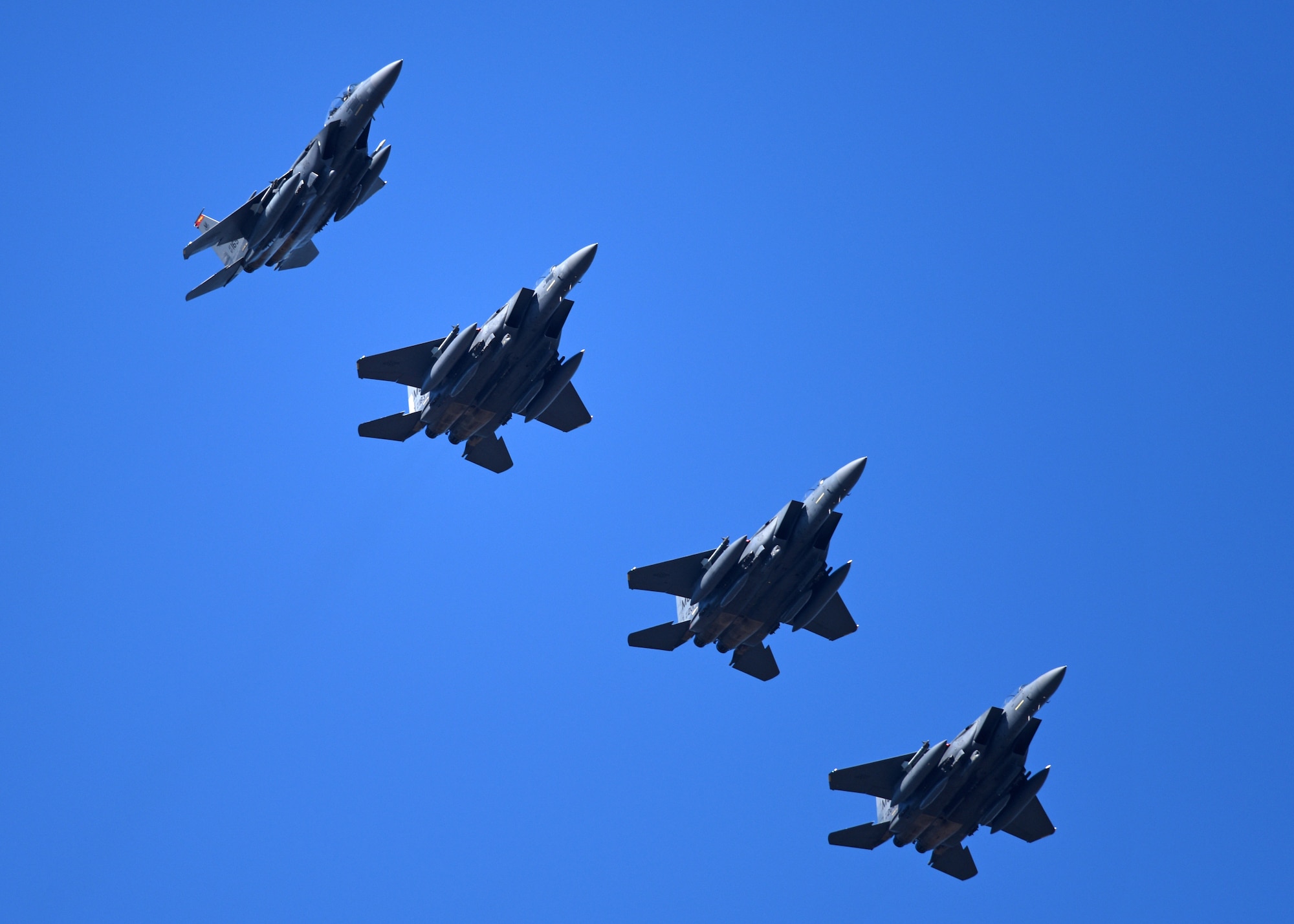 Four U.S. Air Force F-15E Strike Eagles from the 389th Fighter Squadron, Mountain Home Air Force Base, Idaho, soar over Tyndall Air Force Base, Fla., Nov. 3, 2017. Mountain Home AFB sent assets to Tyndall to participate in exercise Checkered Flag 18-1 and Combat Archer. (U.S. Air Force photo by Airman 1st Class Isaiah J. Soliz/Released)