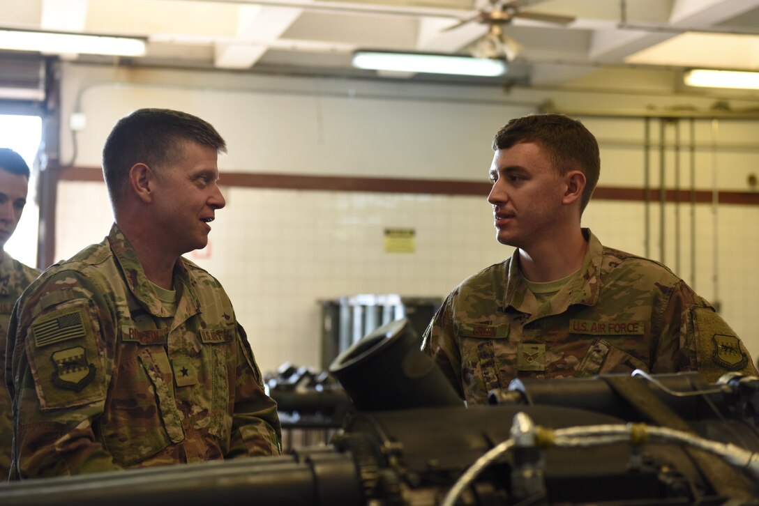 U.S. Air Force Senior Airman Cleveland Green, 447th Expeditionary Aircraft Maintenance Squadron member, briefs U.S. Air Force Brig. Gen. Kyle Robinson, 332nd Air Expeditionary Wing commander, Nov. 7, 2017, at Incirlik Air Base, Turkey.