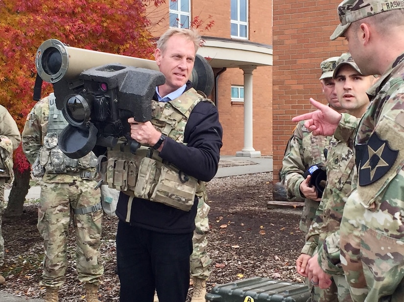 Deputy Defense Secretary Pat Shanahan holds a Javelin anti-tank weapon