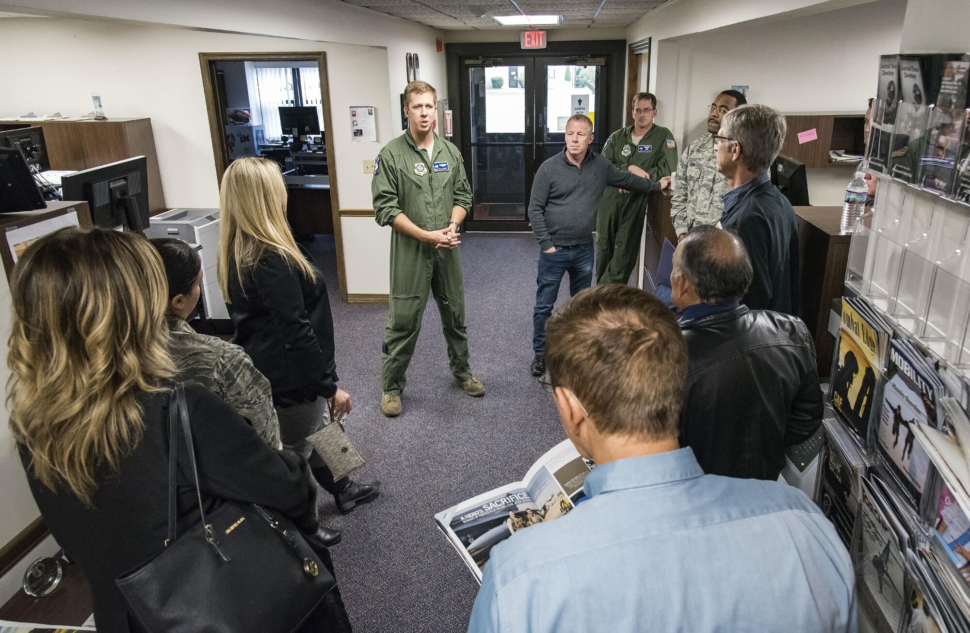 Maj. Robert Willoughby, 436th Airlift Wing Safety office chief of flight safety, briefs honorary commanders on the duties of the safety office Nov. 8, 2017, on Dover Air Force Base, Del. Willoughby and other members of the Safety office informed honorary commanders on their roles and area of expertise in daily operations and mishap investigations. (U.S. Air Force photo by Roland Balik)