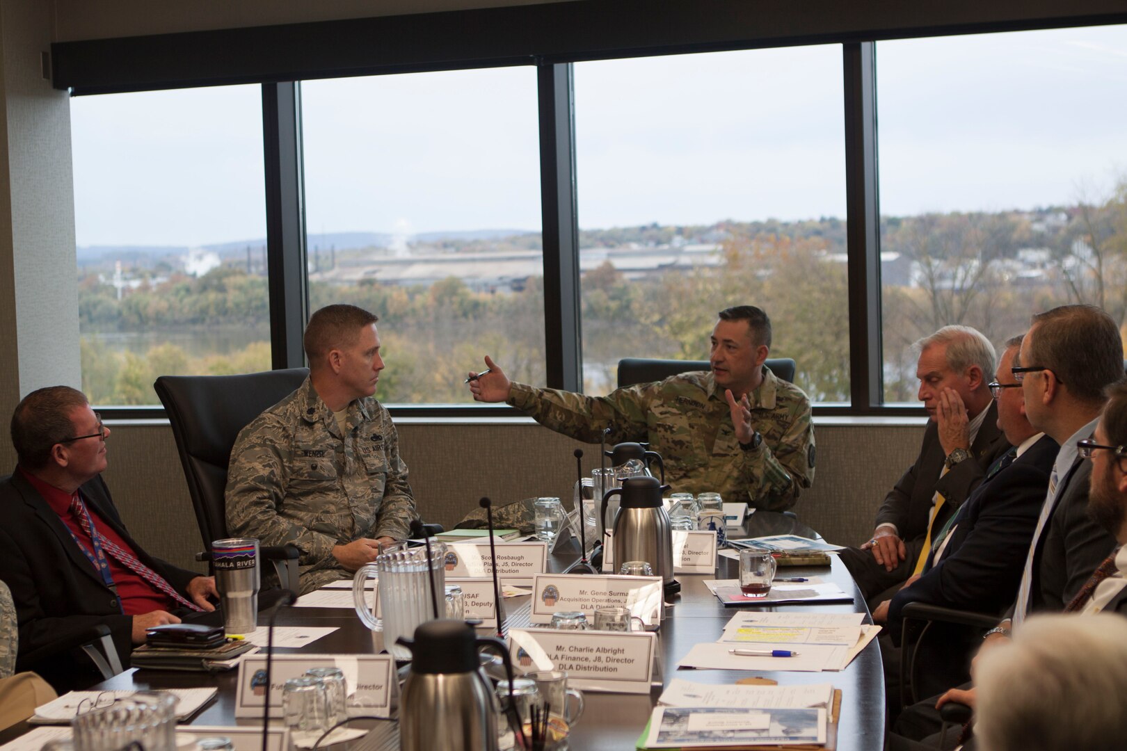 Army Col. Archie S. Herndon Jr., commander of DLA Central Command and Special Operations Command, meets with senior leadership at DLA Distribution headquarters during a visit on Nov. 7.