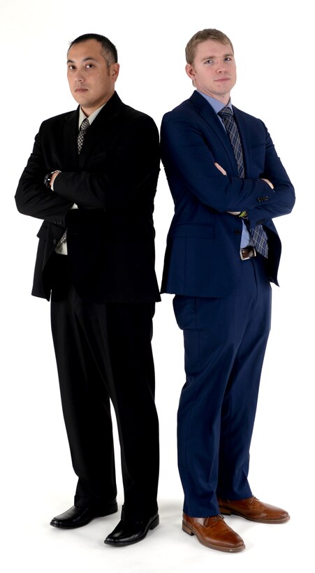Special Agent William Velez, left, the superintendent assigned to Det. 816, and Michael Horn, a Special Agent assigned to Detachment 816, pose for a photoshoot at Ellsworth Air Force Base, S.D., Nov. 3, 2017. The Air Force Office of Special Investigations has been the Air Force's major investigative force reporting to the Inspector General and Office of the Secretary of the Air Force since Aug. 1, 1948. (U.S. Air Force photo by Airman 1st Class Donald C. Knechtel)