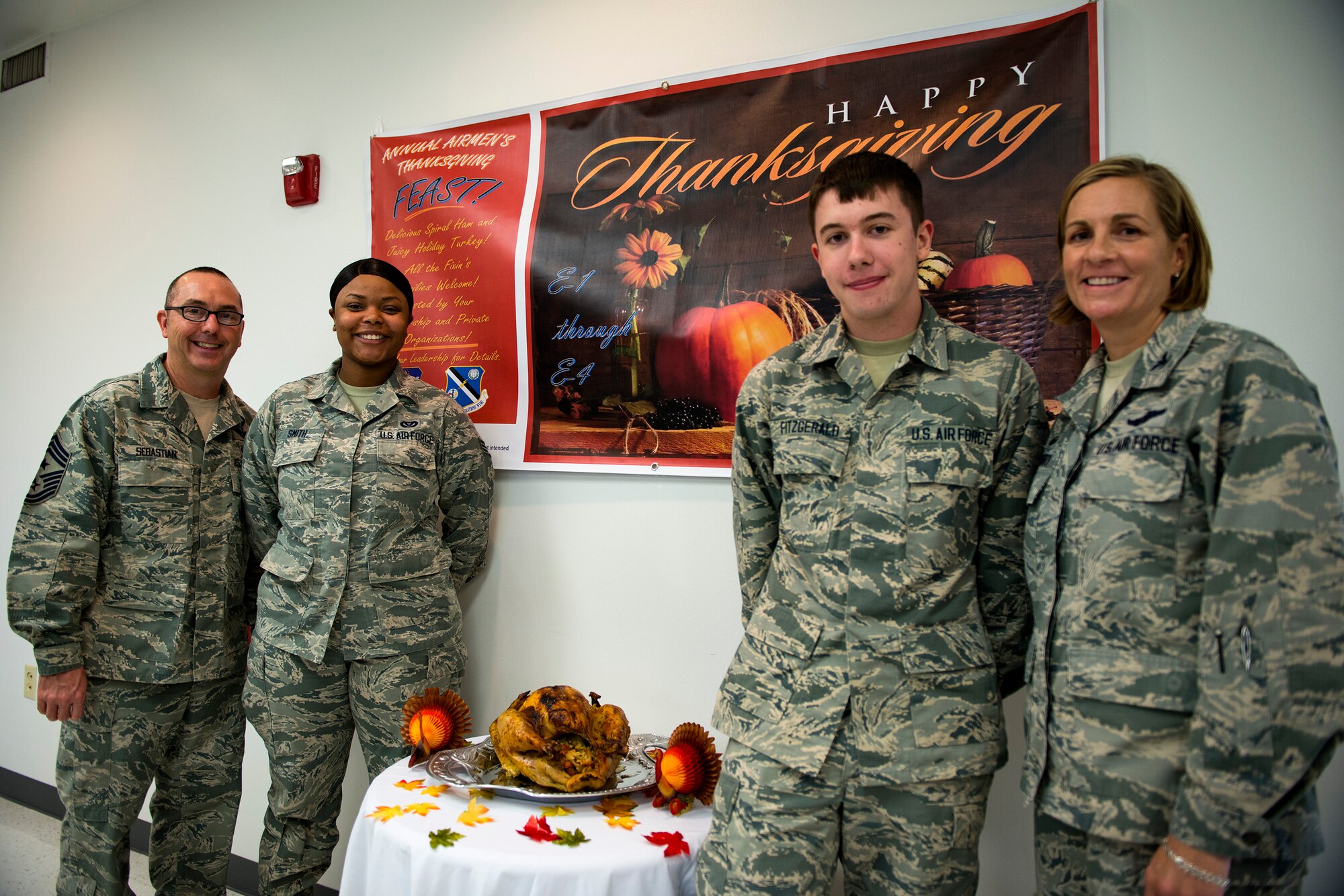 Members of Team Moody pose for a photo during the Annual Airmen’s Thanksgiving luncheon, Nov. 14, 2017, at Moody Air Force Base, Ga. Moody Chiefs Group, with the support of various base organizations, held the luncheon because many Airmen are unable to return home for Thanksgiving. (U.S. Air Force photo by Airman 1st Class Erick Requadt)