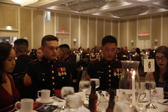 ALEXANDRIA, Va. - Chemical Biological Incident Response Force, CBIRF, U.S. Marine Corps Forces Command, Marines, Sailors and their friends and families commemorated the 242nd anniversary of the United States Marine Corps during CBIRF’s 2017 Marine Corps Birthday Ball at the Hilton Mark Center in Alexandria, Va., Nov. 4, 2017. Maj. Gen. Richard J. Gallant, U.S. Army Commander of Joint Task Force Civil Support, and his wife, Mrs. Carol Gallant, were the guests of honor. (Official U.S. Marine Corps Photos by Cpl. Maverick S. Mejia/ RELEASED)