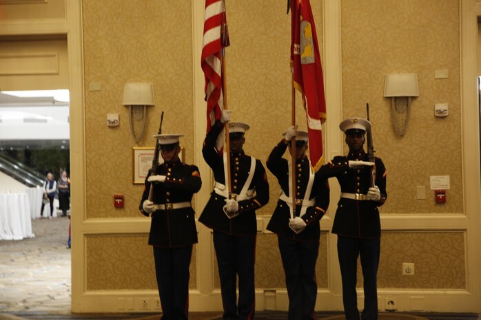 ALEXANDRIA, Va. - Chemical Biological Incident Response Force, CBIRF, U.S. Marine Corps Forces Command, Marines, Sailors and their friends and families commemorated the 242nd anniversary of the United States Marine Corps during CBIRF’s 2017 Marine Corps Birthday Ball at the Hilton Mark Center in Alexandria, Va., Nov. 4, 2017. Maj. Gen. Richard J. Gallant, U.S. Army Commander of Joint Task Force Civil Support, and his wife, Mrs. Carol Gallant, were the guests of honor. (Official U.S. Marine Corps Photos by Cpl. Maverick S. Mejia/ RELEASED)