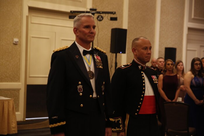 ALEXANDRIA, Va. - Chemical Biological Incident Response Force, CBIRF, U.S. Marine Corps Forces Command, Marines, Sailors and their friends and families commemorated the 242nd anniversary of the United States Marine Corps during CBIRF’s 2017 Marine Corps Birthday Ball at the Hilton Mark Center in Alexandria, Va., Nov. 4, 2017. Maj. Gen. Richard J. Gallant, U.S. Army Commander of Joint Task Force Civil Support, and his wife, Mrs. Carol Gallant, were the guests of honor. (Official U.S. Marine Corps Photos by Cpl. Maverick S. Mejia/ RELEASED)