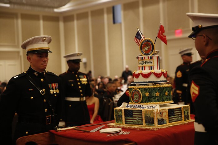 ALEXANDRIA, Va. - Chemical Biological Incident Response Force, CBIRF, U.S. Marine Corps Forces Command, Marines, Sailors and their friends and families commemorated the 242nd anniversary of the United States Marine Corps during CBIRF’s 2017 Marine Corps Birthday Ball at the Hilton Mark Center in Alexandria, Va., Nov. 4, 2017. Maj. Gen. Richard J. Gallant, U.S. Army Commander of Joint Task Force Civil Support, and his wife, Mrs. Carol Gallant, were the guests of honor. (Official U.S. Marine Corps Photos by Cpl. Maverick S. Mejia/ RELEASED)