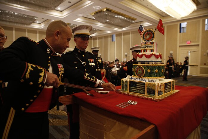 ALEXANDRIA, Va. - Chemical Biological Incident Response Force, CBIRF, U.S. Marine Corps Forces Command, Marines, Sailors and their friends and families commemorated the 242nd anniversary of the United States Marine Corps during CBIRF’s 2017 Marine Corps Birthday Ball at the Hilton Mark Center in Alexandria, Va., Nov. 4, 2017. Maj. Gen. Richard J. Gallant, U.S. Army Commander of Joint Task Force Civil Support, and his wife, Mrs. Carol Gallant, were the guests of honor. (Official U.S. Marine Corps Photos by Cpl. Maverick S. Mejia/ RELEASED)