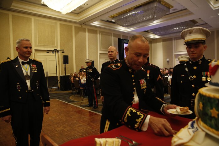 ALEXANDRIA, Va. - Chemical Biological Incident Response Force, CBIRF, U.S. Marine Corps Forces Command, Marines, Sailors and their friends and families commemorated the 242nd anniversary of the United States Marine Corps during CBIRF’s 2017 Marine Corps Birthday Ball at the Hilton Mark Center in Alexandria, Va., Nov. 4, 2017. Maj. Gen. Richard J. Gallant, U.S. Army Commander of Joint Task Force Civil Support, and his wife, Mrs. Carol Gallant, were the guests of honor. (Official U.S. Marine Corps Photos by Cpl. Maverick S. Mejia/ RELEASED)