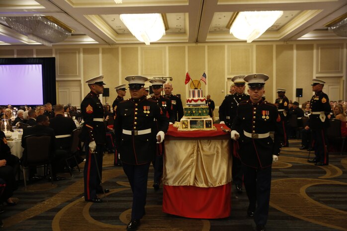 ALEXANDRIA, Va. - Chemical Biological Incident Response Force, CBIRF, U.S. Marine Corps Forces Command, Marines, Sailors and their friends and families commemorated the 242nd anniversary of the United States Marine Corps during CBIRF’s 2017 Marine Corps Birthday Ball at the Hilton Mark Center in Alexandria, Va., Nov. 4, 2017. Maj. Gen. Richard J. Gallant, U.S. Army Commander of Joint Task Force Civil Support, and his wife, Mrs. Carol Gallant, were the guests of honor. (Official U.S. Marine Corps Photos by Cpl. Maverick S. Mejia/ RELEASED)