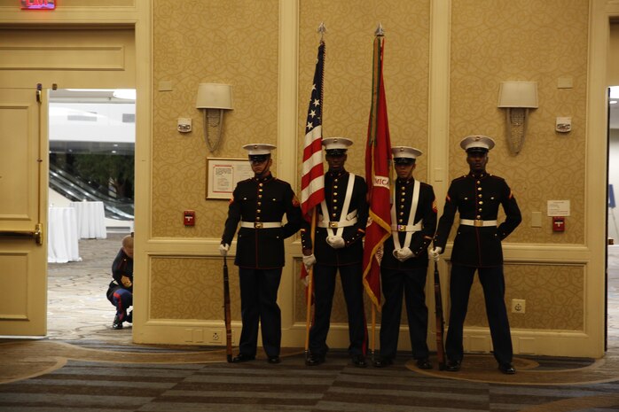 ALEXANDRIA, Va. - Chemical Biological Incident Response Force, CBIRF, U.S. Marine Corps Forces Command, Marines, Sailors and their friends and families commemorated the 242nd anniversary of the United States Marine Corps during CBIRF’s 2017 Marine Corps Birthday Ball at the Hilton Mark Center in Alexandria, Va., Nov. 4, 2017. Maj. Gen. Richard J. Gallant, U.S. Army Commander of Joint Task Force Civil Support, and his wife, Mrs. Carol Gallant, were the guests of honor. (Official U.S. Marine Corps Photos by Cpl. Maverick S. Mejia/ RELEASED)