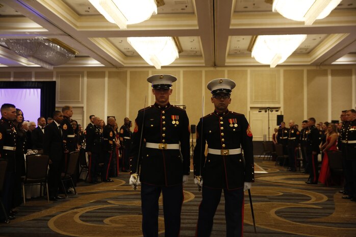 ALEXANDRIA, Va. - Chemical Biological Incident Response Force, CBIRF, U.S. Marine Corps Forces Command, Marines, Sailors and their friends and families commemorated the 242nd anniversary of the United States Marine Corps during CBIRF’s 2017 Marine Corps Birthday Ball at the Hilton Mark Center in Alexandria, Va., Nov. 4, 2017. Maj. Gen. Richard J. Gallant, U.S. Army Commander of Joint Task Force Civil Support, and his wife, Mrs. Carol Gallant, were the guests of honor. (Official U.S. Marine Corps Photos by Cpl. Maverick S. Mejia/ RELEASED)