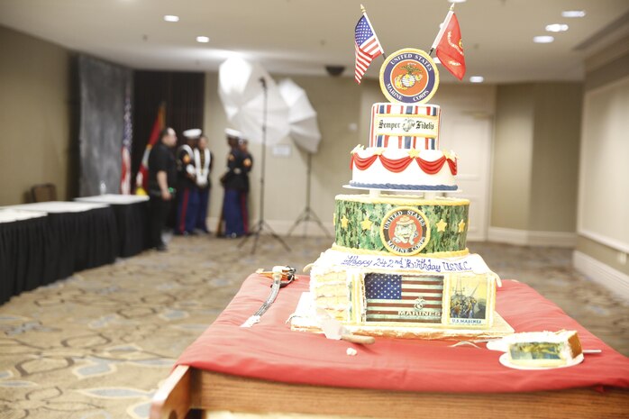 ALEXANDRIA, Va. - Chemical Biological Incident Response Force, CBIRF, U.S. Marine Corps Forces Command, Marines, Sailors and their friends and families commemorated the 242nd anniversary of the United States Marine Corps during CBIRF’s 2017 Marine Corps Birthday Ball at the Hilton Mark Center in Alexandria, Va., Nov. 4, 2017. Maj. Gen. Richard J. Gallant, U.S. Army Commander of Joint Task Force Civil Support, and his wife, Mrs. Carol Gallant, were the guests of honor. (Official U.S. Marine Corps Photos by Cpl. Maverick S. Mejia/ RELEASED)