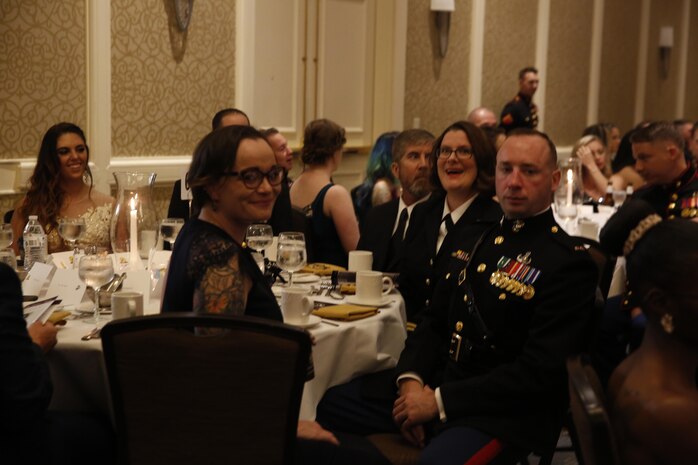 ALEXANDRIA, Va. - Chemical Biological Incident Response Force, CBIRF, U.S. Marine Corps Forces Command, Marines, Sailors and their friends and families commemorated the 242nd anniversary of the United States Marine Corps during CBIRF’s 2017 Marine Corps Birthday Ball at the Hilton Mark Center in Alexandria, Va., Nov. 4, 2017. Maj. Gen. Richard J. Gallant, U.S. Army Commander of Joint Task Force Civil Support, and his wife, Mrs. Carol Gallant, were the guests of honor. (Official U.S. Marine Corps Photos by Cpl. Maverick S. Mejia/ RELEASED)