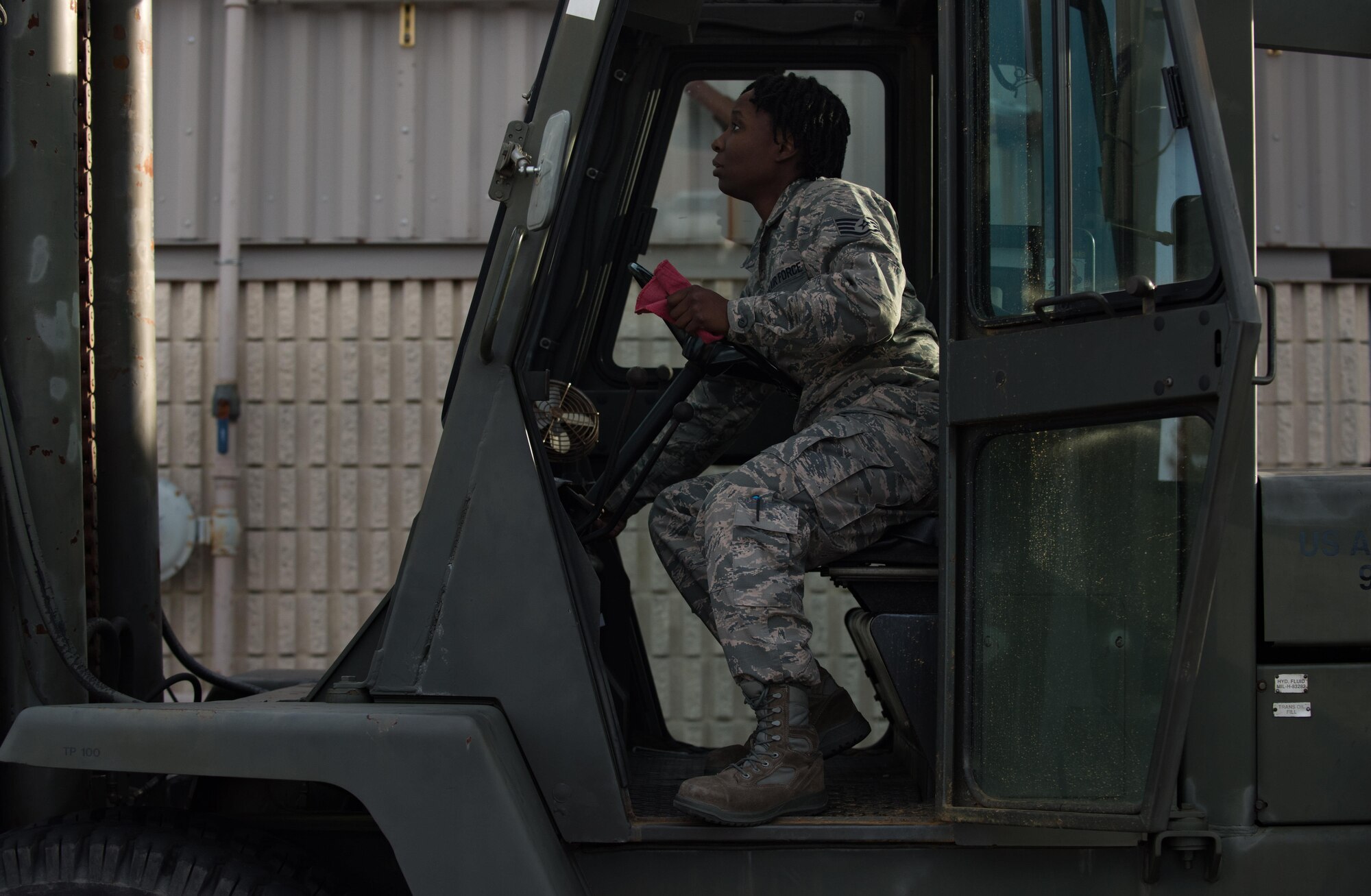 U.S. Air Force Staff Sgt. Tasheika Metts, 733rd Logistics Readiness Squadron vehicle maintainer, conducts a quality assurance inspection on a forklift at Joint Base Langley-Eustis, Va., Nov. 14, 2017.