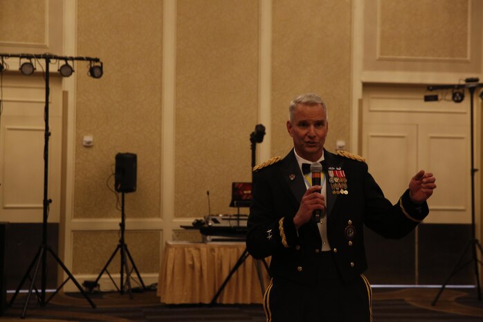 ALEXANDRIA, Va. - Chemical Biological Incident Response Force, CBIRF, U.S. Marine Corps Forces Command, Marines, Sailors and their friends and families commemorated the 242nd anniversary of the United States Marine Corps during CBIRF’s 2017 Marine Corps Birthday Ball at the Hilton Mark Center in Alexandria, Va., Nov. 4, 2017. Maj. Gen. Richard J. Gallant, U.S. Army Commander of Joint Task Force Civil Support, and his wife, Mrs. Carol Gallant, were the guests of honor. (Official U.S. Marine Corps Photos by Cpl. Maverick S. Mejia/ RELEASED)