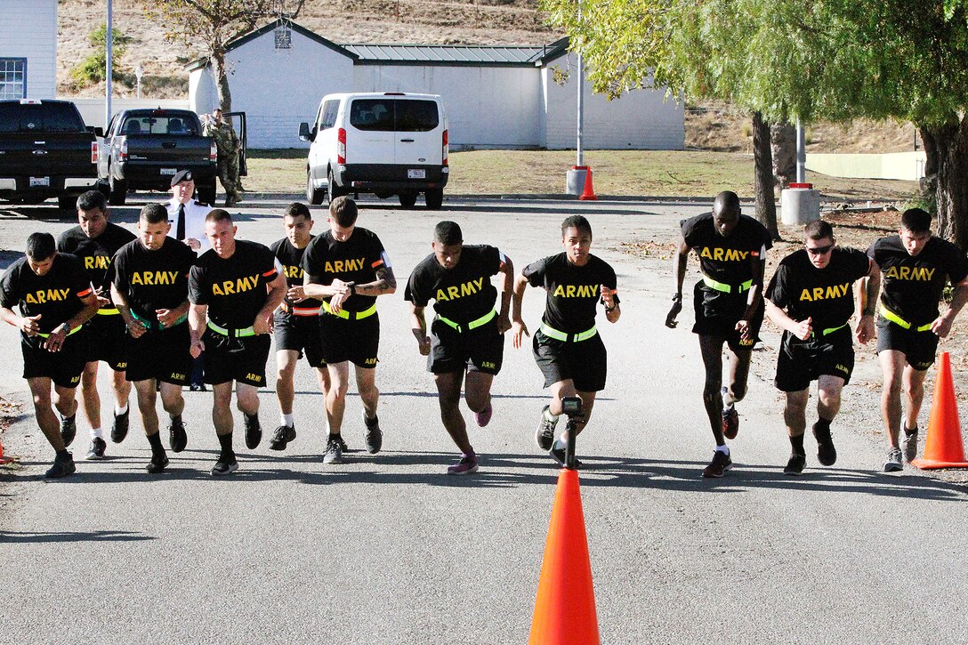 Soldiers begin the 2-mile run of the Army Physical Fitness Test.