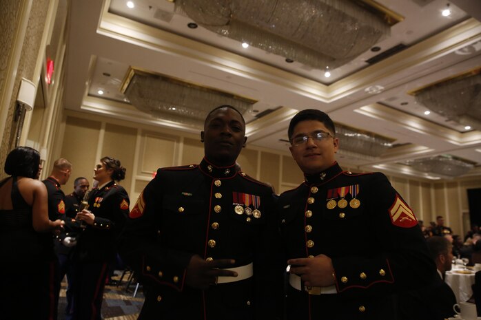 Chemical Biological Incident Response Force, CBIRF, U.S. Marine Corps Forces Command, Marines, Sailors and their friends and families commemorated the 242nd anniversary of the United States Marine Corps during CBIRF’s 2017 Marine Corps Birthday Ball at the Hilton Mark Center in Alexandria, Va., Nov. 4, 2017. Maj. Gen. Richard J. Gallant, U.S. Army Commander of Joint Task Force Civil Support, and his wife, Mrs. Carol Gallant, were the guests of honor. (Official U.S. Marine Corps Photos by Cpl. Maverick S. Mejia/ RELEASED)