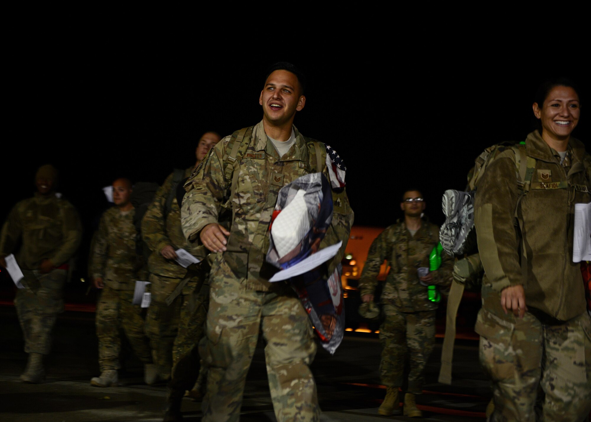 Tech. Sgt. Adam Kelnhofer, 31st Aircraft Maintenance Squadron crew chief flightline expediter, arrives at Aviano Air Base, Italy, Nov. 6, 2017, from a deployment at Bagram Air Field, Afghanistan. Approximately 380 Airmen and 18 F-16 Fighting Falcons were deployed to support Operation Freedom’s Sentinel. (U.S. Air Force photo by Airman 1st Class Ryan Brooks)