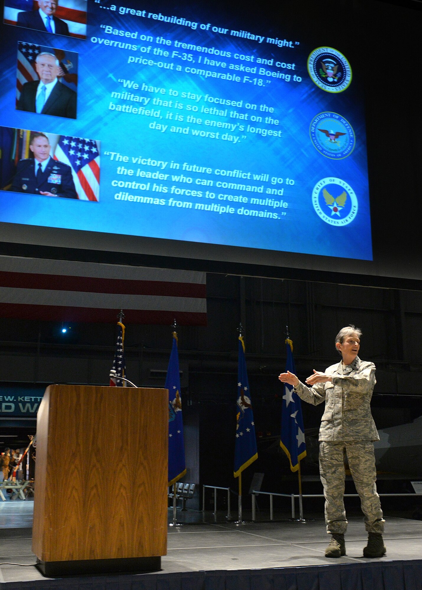 Gen. Ellen M. Pawlikowski, Air Force Materiel Command commander,
speaks during a Commander's Call held at the National Museum of the United
States Air Force Nov. 7, 2017. The general spoke about the command's goals,
the current national security environment, and the Air Force's priorities.
(U.S. Air Force photo/Al Bright)