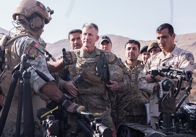Gen. John W. Nicholson, Resolute Support commander, and members of the New York Police Department share tactics and techniques for countering terrorism and corruption with the Afghan Crisis Response Unit 222 in Kabul on Oct. 18. (Photo by Sun Vega, NSOCC-A)