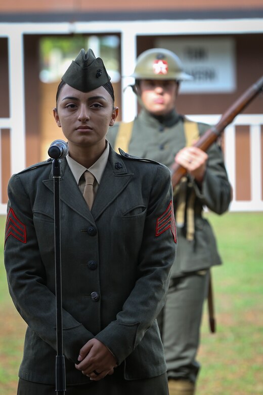 U.S. Marine Corps Cpl. Diana Crawford, with Headquarters Battalion, Marine Corps Base Hawaii, portrays a female Marine from World War I as part of the annual Birthday Pageant aboard MCBH, Nov. 9, 2017. The birthday pageant celebrates the birthday of the Marine Corps and pays homage to the rich legacy of the Corps. (U.S. Marine Corps photo by Sgt. Alex Kouns/Released)