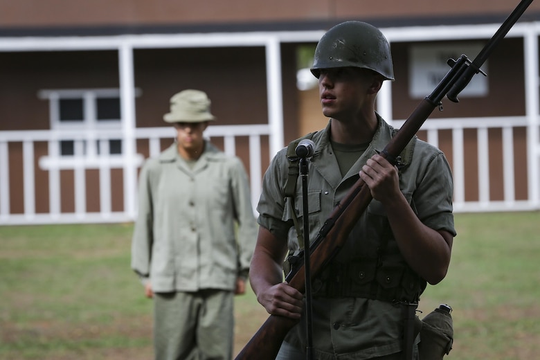 U.S. Marine Corps Lance Cpl. Sean Post-Hutchinson, with Headquarters Battalion, Marine Corps Base Hawaii (MCBH), portrays a Marine from World War II as part of the annual Birthday Pageant, MCBH, Nov. 9, 2017. The birthday pageant celebrates the birthday of the Marine Corps and pays homage to the rich legacy of the Corps. (U.S. Marine Corps photo by Sgt. Alex Kouns/Released)