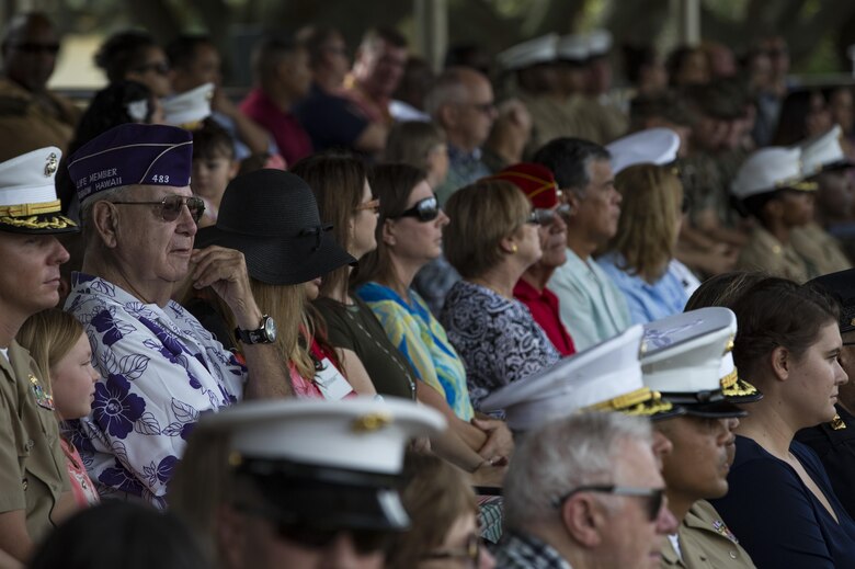 U.S. Marines, Sailors, family members and friends attend the annual Birthday Pageant aboard Marine Corps Base Hawaii, Nov. 9, 2017. The birthday pageant celebrates the birthday of the Marine Corps and pays homage to the rich legacy of the Corps. (U.S. Marine Corps photo by Sgt. Alex Kouns/Released)