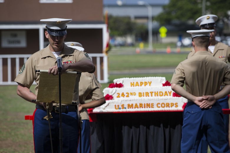 U.S. Marine Corps Staff Sgt. Joseph Clinton, Headquarters Battalion, Marine Corps Base Hawaii (MCBH), reads Gen. John A. Lejeune's 1921 Birthday Message as part of the annual Birthday Pageant aboard, MCBH, Nov. 9, 2017. The birthday pageant celebrates the birthday of the Marine Corps and pays homage to the rich legacy of the Corps. (U.S. Marine Corps photo by Sgt. Alex Kouns/Released)