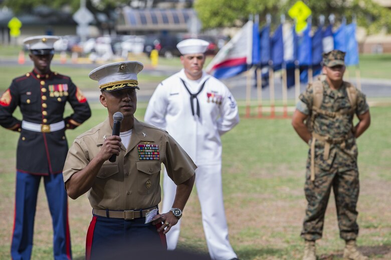 U.S. Marine Corps Col. Raul Lianez, commanding officer of Marine Corps Base Hawaii (MCBH) gives his remarks at the annual Birthday Pageant, MCBH, Nov. 9, 2017. The Birthday Pageant is a ceremony conducted annually in remembrance of Marines and their actions from years past. (U.S. Marine Corps photo by Sgt. Alex Kouns/Released)