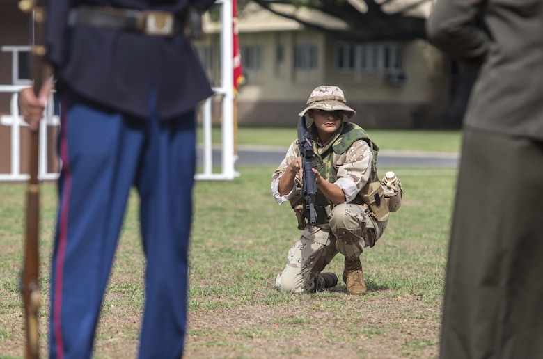 Cpl. Jodileen Hernandez, an administrative specialist with the Inspector General’s Office, plays her historical role as a Desert Storm-era Marine during the U.S. Marine Corps birthday pageant, Marine Corps Base Hawaii, Nov. 9, 2017. The birthday pageant celebrates the birthday of the Marine Corps and pays homage to the rich legacy of the Corps. (U.S. Marine Corps photo by Lance Cpl. Luke Kuennen)