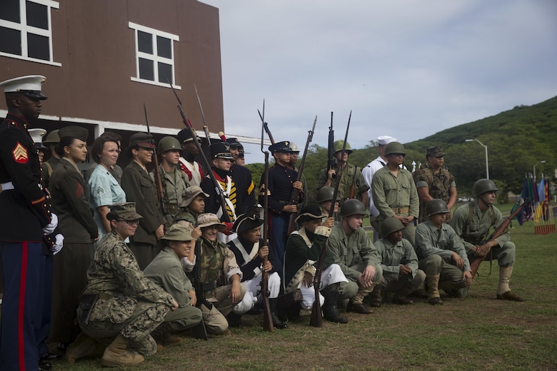 U.S. Marines with Headquarters Battalion, Marine Corps Base Hawaii (MCBH), portray Marines from the past before the annual Birthday Pageant, MCBH, Nov. 9, 2017. The birthday pageant celebrates the birthday of the Marine Corps and pays homage to the rich legacy of the Corps. (U.S. Marine Corps photo by Sgt. Alex Kouns/Released)