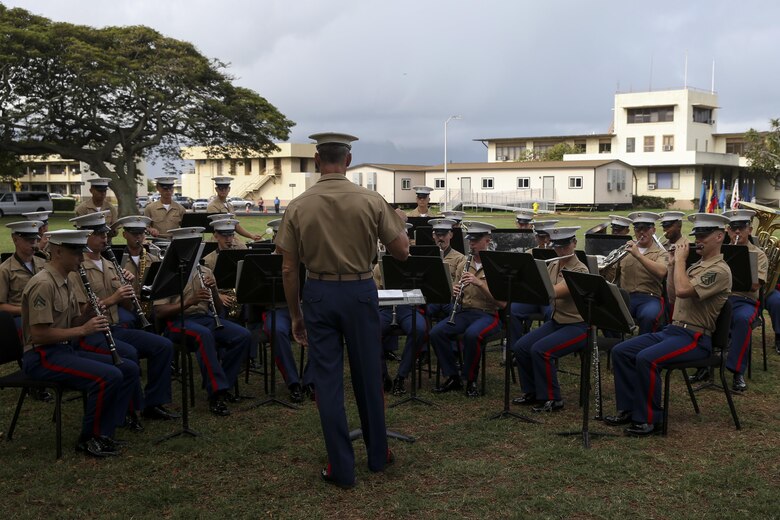U.S. Marines with the Marine Corps Forces, Pacific band, perform during the annual Birthday Pageant aboard Marine Corps Base Hawaii, Nov. 9, 2017. The birthday pageant celebrates the birthday of the Marine Corps and pays homage to the rich legacy of the Corps. (U.S. Marine Corps photo by Sgt. Alex Kouns/Released)