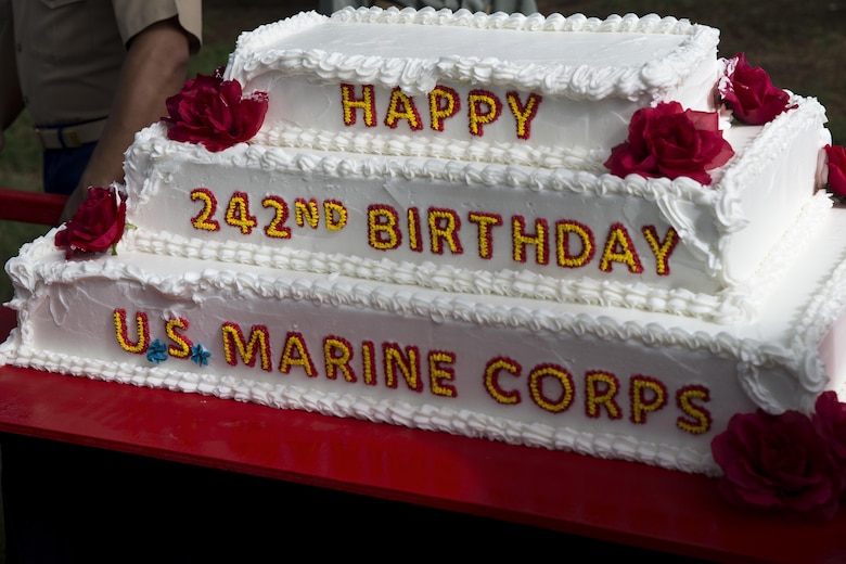 The birthday cake is a ceremonial element of the annual U.S. Marine Corps Birthday Pageant, Marine Corps Base Hawaii, Nov. 9, 2017. The birthday pageant celebrates the birthday of the Marine Corps and pays homage to the rich legacy of the Corps. (U.S. Marine Corps photo by Sgt. Alex Kouns/Released)