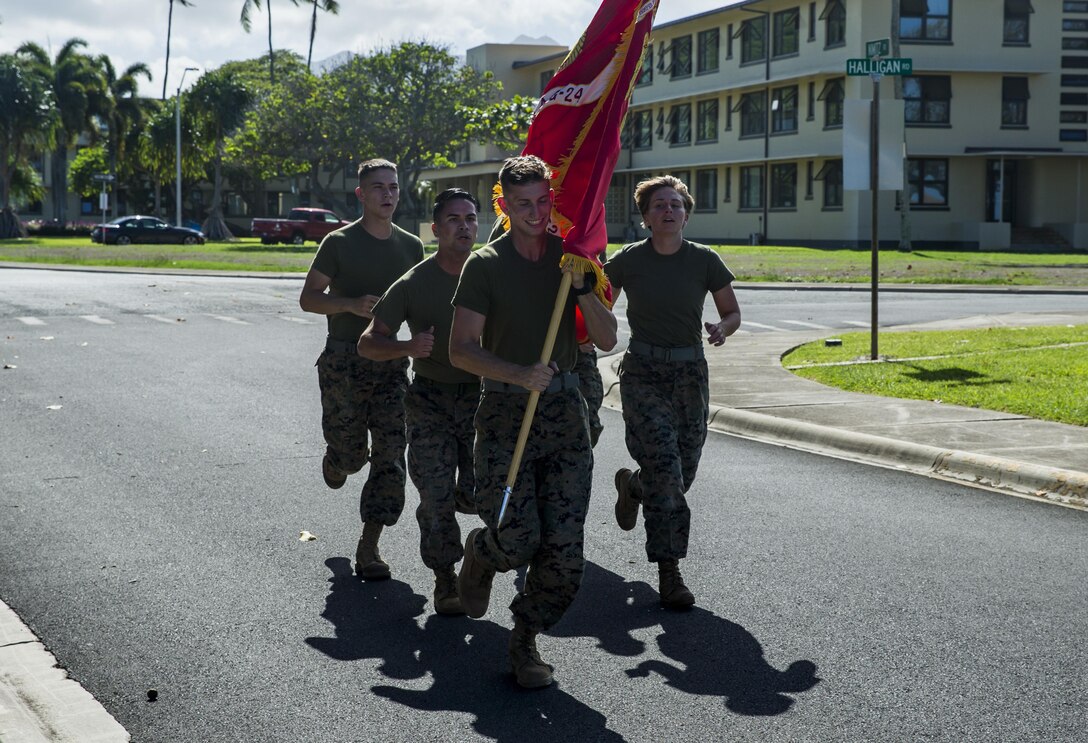 U.S. Marines with Marine Aircraft Group 24 run a total of 242 miles in conjuction with 1st Marine Air Wing in honor of the Marine Corps Birthday, Marine Corps Base Hawaii, Kaneohe Bay, Nov. 6, 2017. The U.S. Marine Corps celebrates it's 242nd birthday this year. (U.S. Marine Corps photo by Sgt. Ricky Gomez)