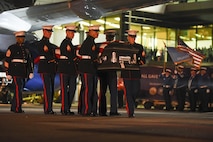 A Marine Corps carry team transfers the remains of Marine Pvt. Vernon Paul Keaton November 14, 2017, Will Rogers World Airport, Oklahoma City, Oklahoma. Keaton was killed Dec. 7, 1941, during the Japanese attack on Pearl Harbor, Hawaii.