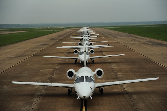 The 14th Flying Training Wing conducts a mass launch of 12 T-1A Jayhawks to practice the combat capability of safely and swiftly launching a large number of aircraft, Aug. 24, 2015.